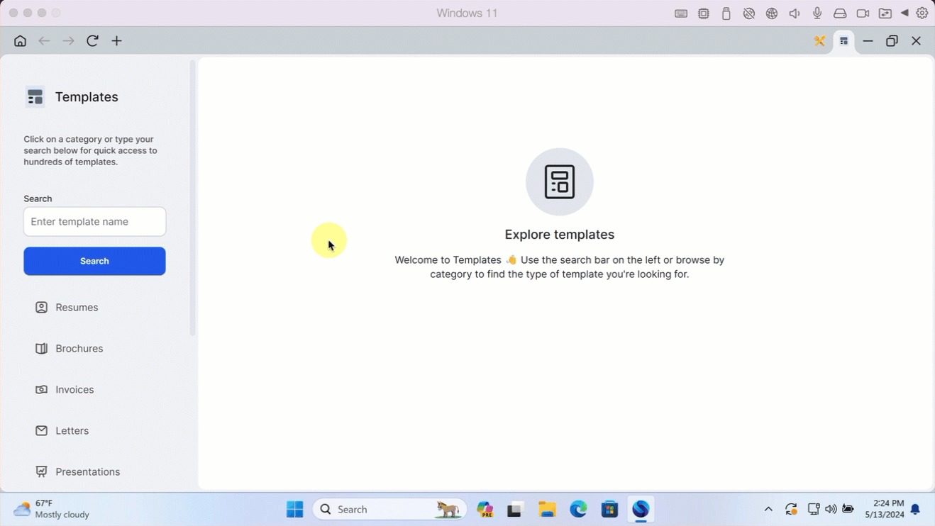 This GIF shows the steps on how to search for a template by using the search bar on the left-hand side, hitting "search" and scrolling through the results