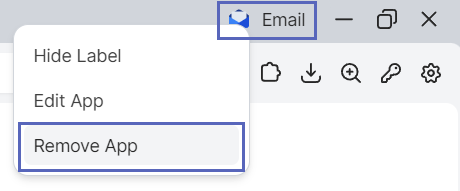 **This image shows the Email app pinned in the top-right of Shift and outlined in blue for visual emphasis. The options list is visible and displaying "Hide Label," "Edit App," and "Remove App," with "Remove App" outlined in blue for visual emphasis.