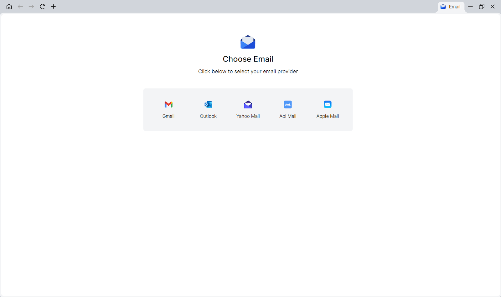 This image shows the login screen for the Shift Email App. There is the blue envelope for the Shift Email icon in the center with the email providers below.