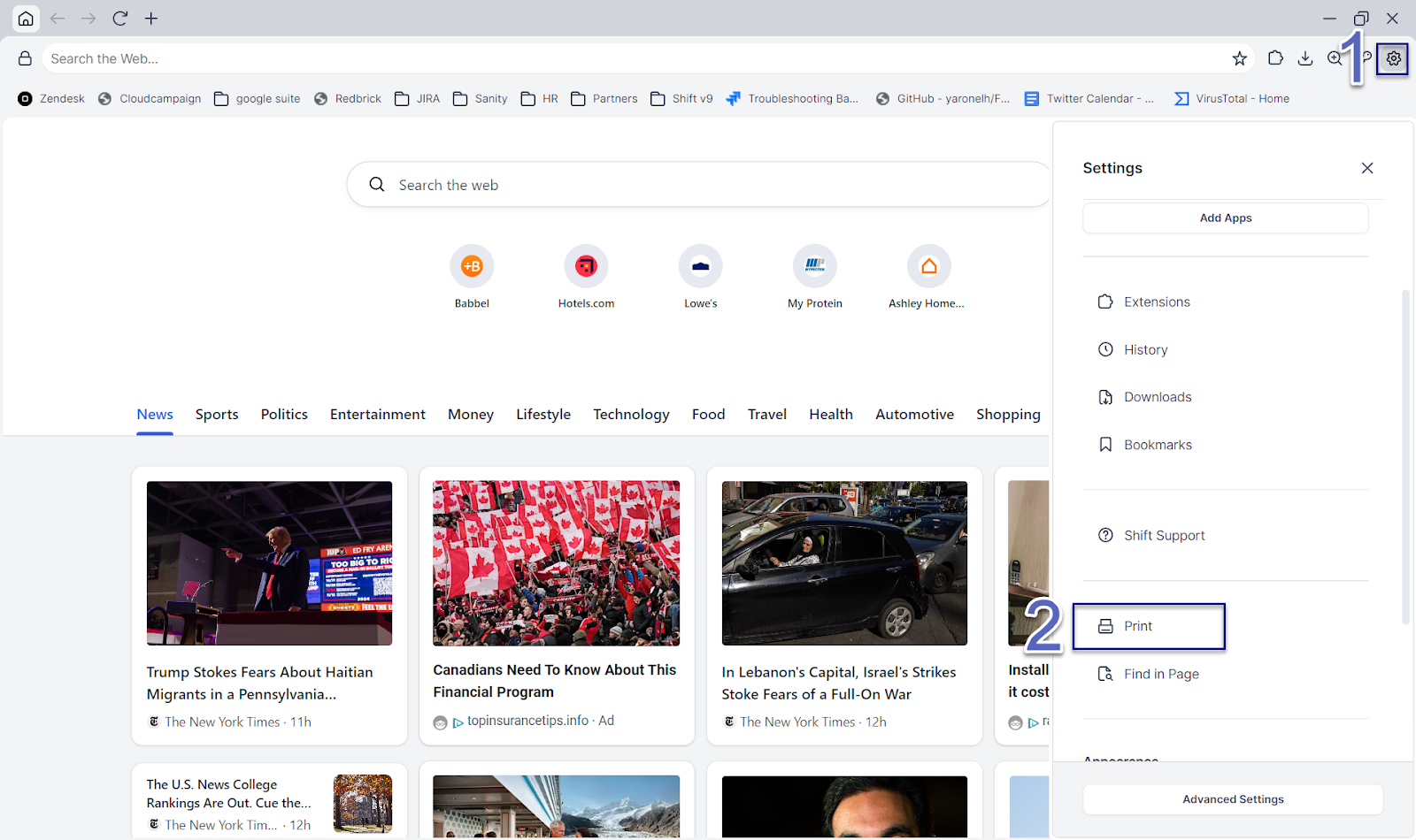 How to print in the shift browser shift x