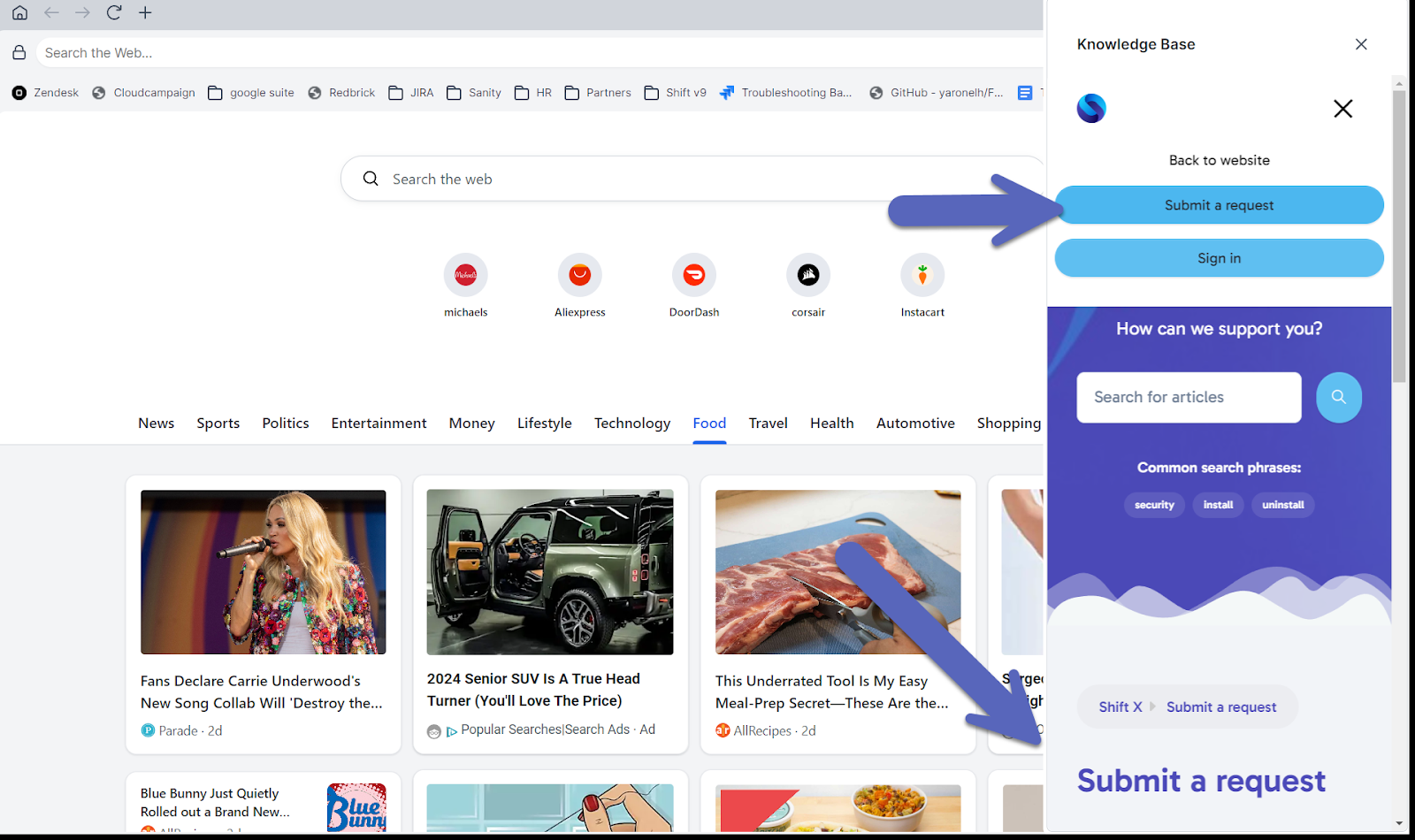 *This photo shows an arrow pointing at the Submit a request button and another arrow pointing downward at the Submit a request Support form in the Slider Panel on the right side of Shift.
