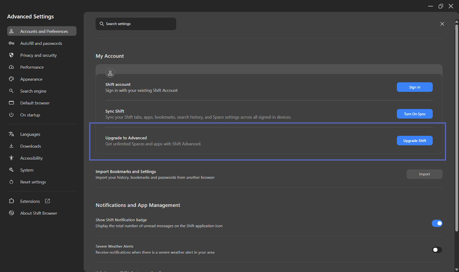 This image shows the Accounts and preferences page with the Upgrade to Advanced section outlined in blue. 