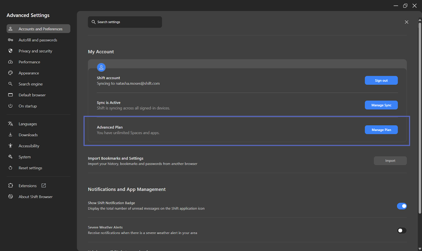 This image shows the Accounts and preferences page with the Advanced Plan section outlined in blue. 