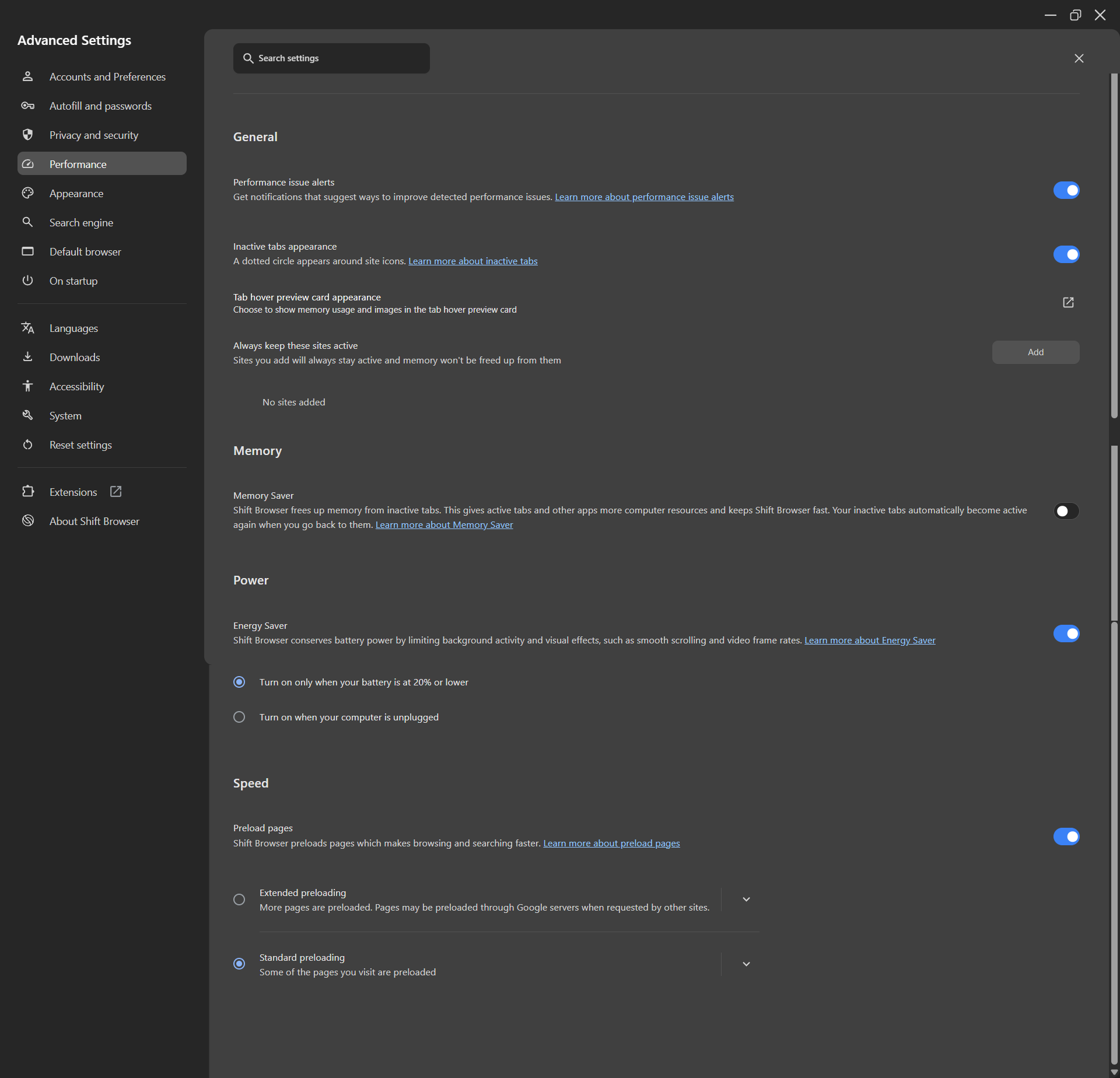  This image shows the "Performance" section in Advanced Settings