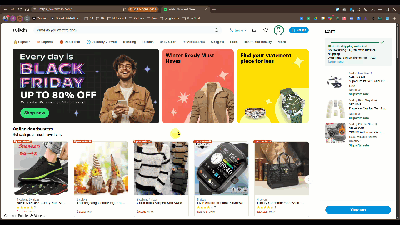 This GIF shows a user shopping on wish.com — adding an item to the cart, proceeding to checkout, and clicking “Shopping: Apply coupons” to automatically apply available discounts.