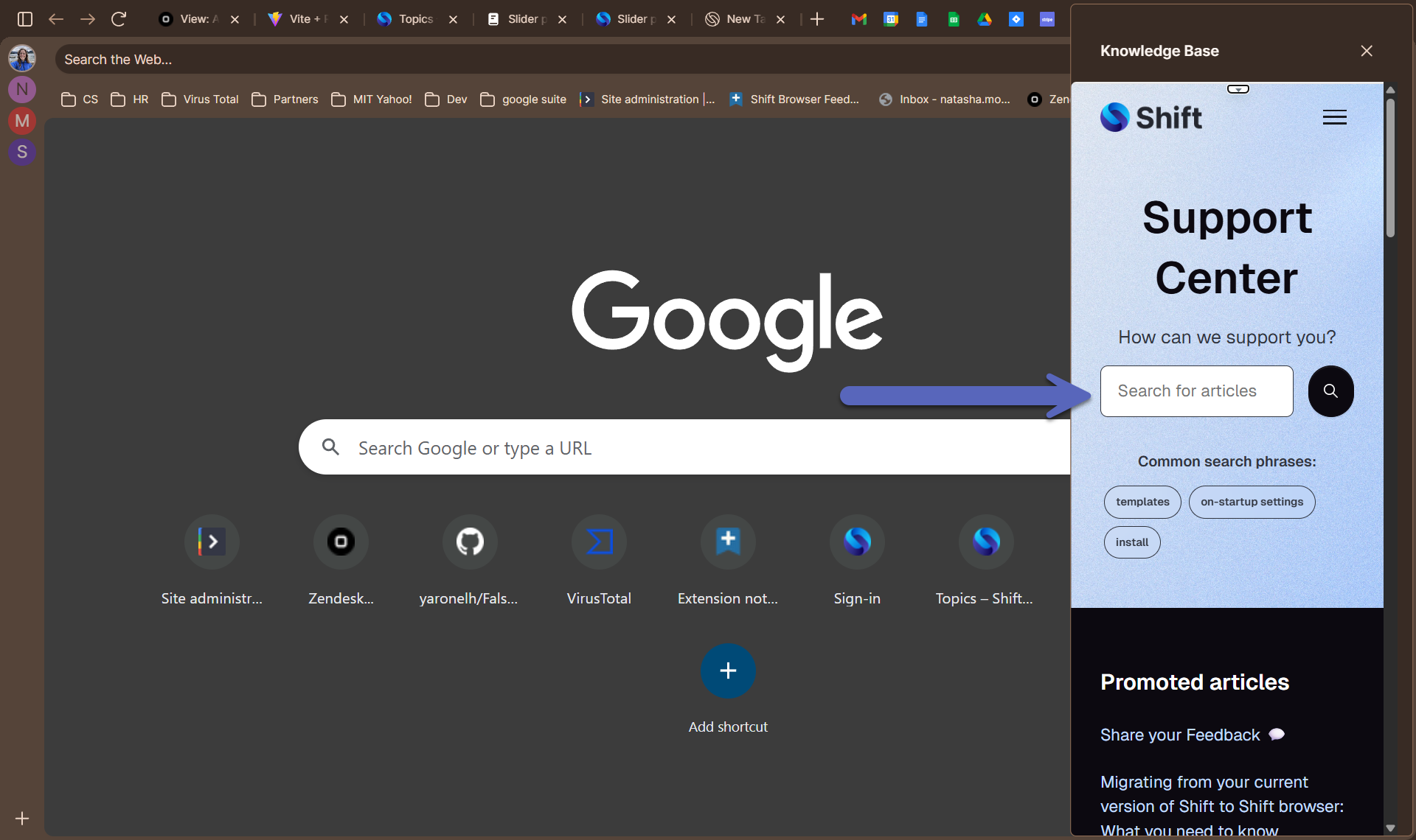 Support slider open with arrow pointing at search bar in Knowledge Base.