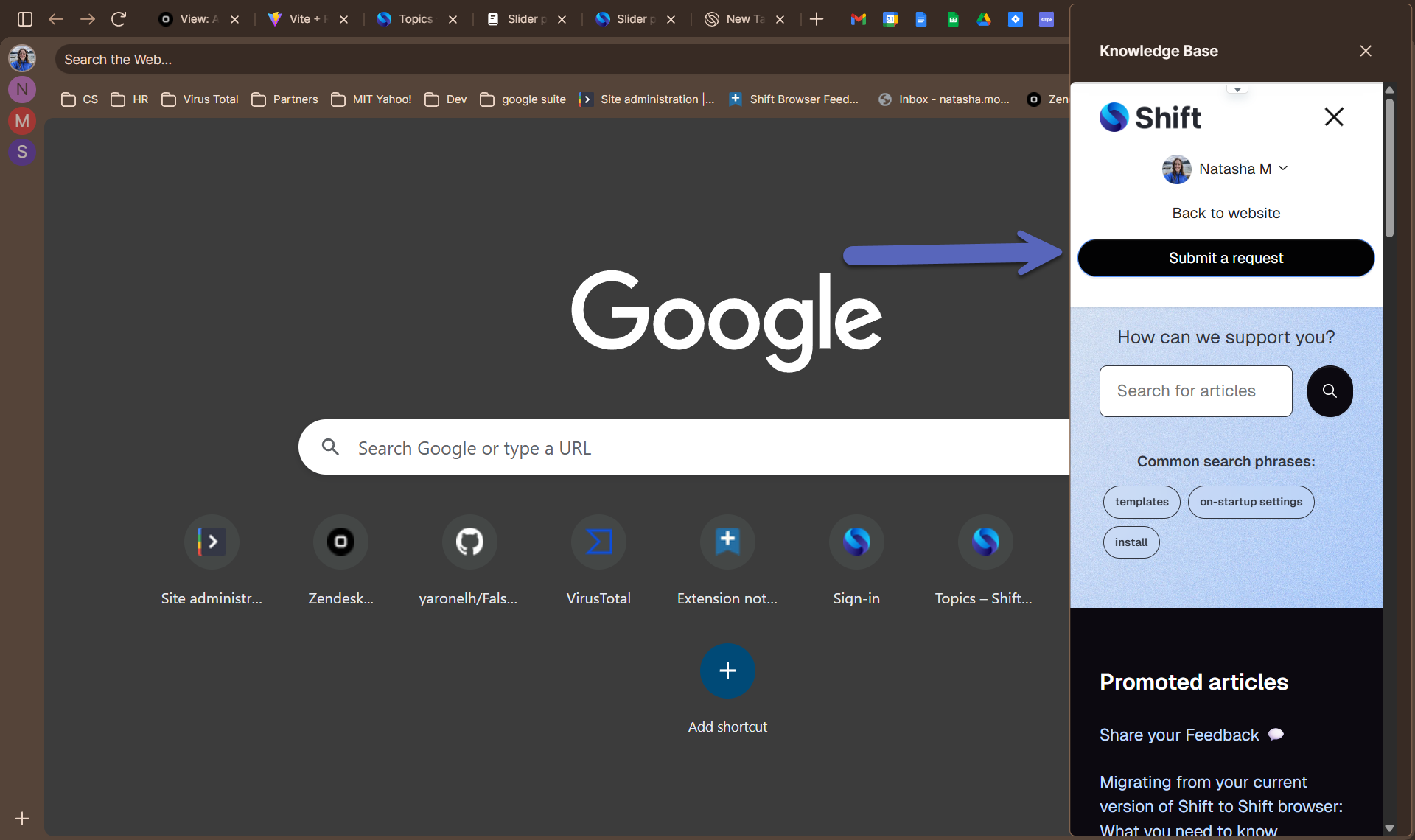 Support Slider with arrow pointing at Submit a request