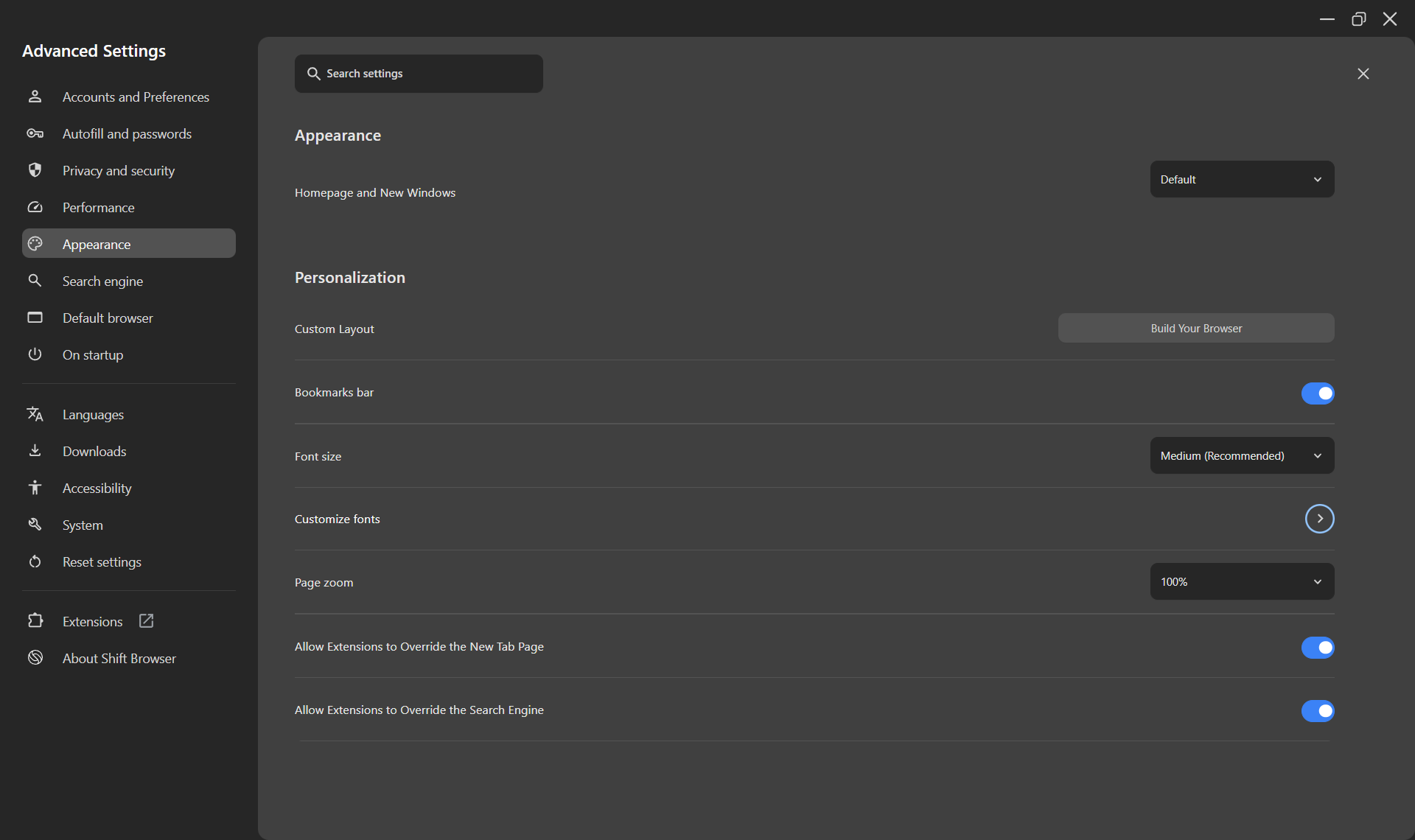 The Appearance page in Advanced Settings