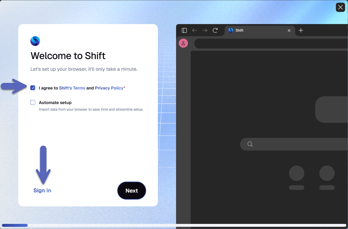 Photo shows arrows pointing to checking off Shift Terms and Privacy Policy and another arrow at the Sign in prompt