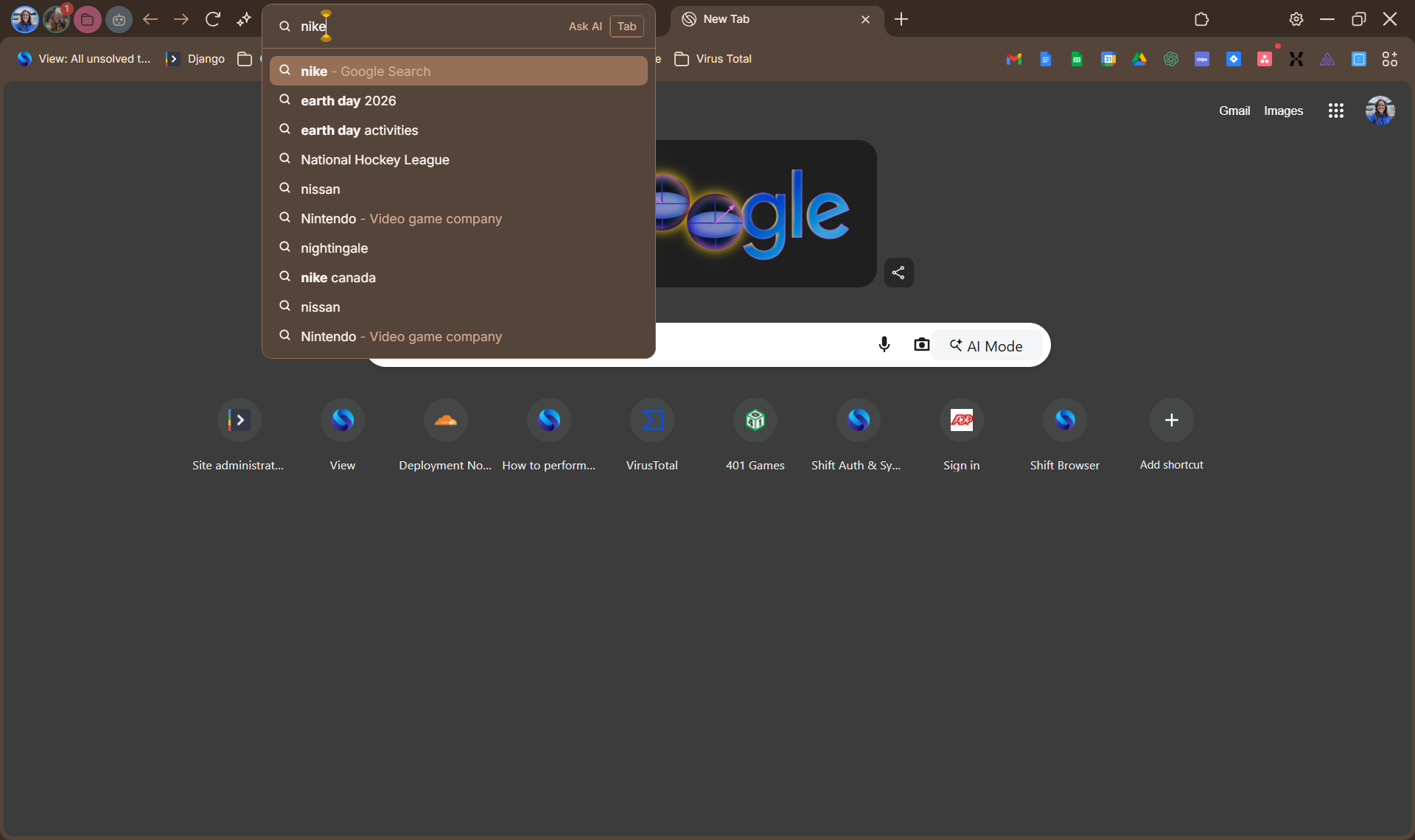 A screenshot of the Shift Browser omnibox showing one clear website result at the very top of the list.