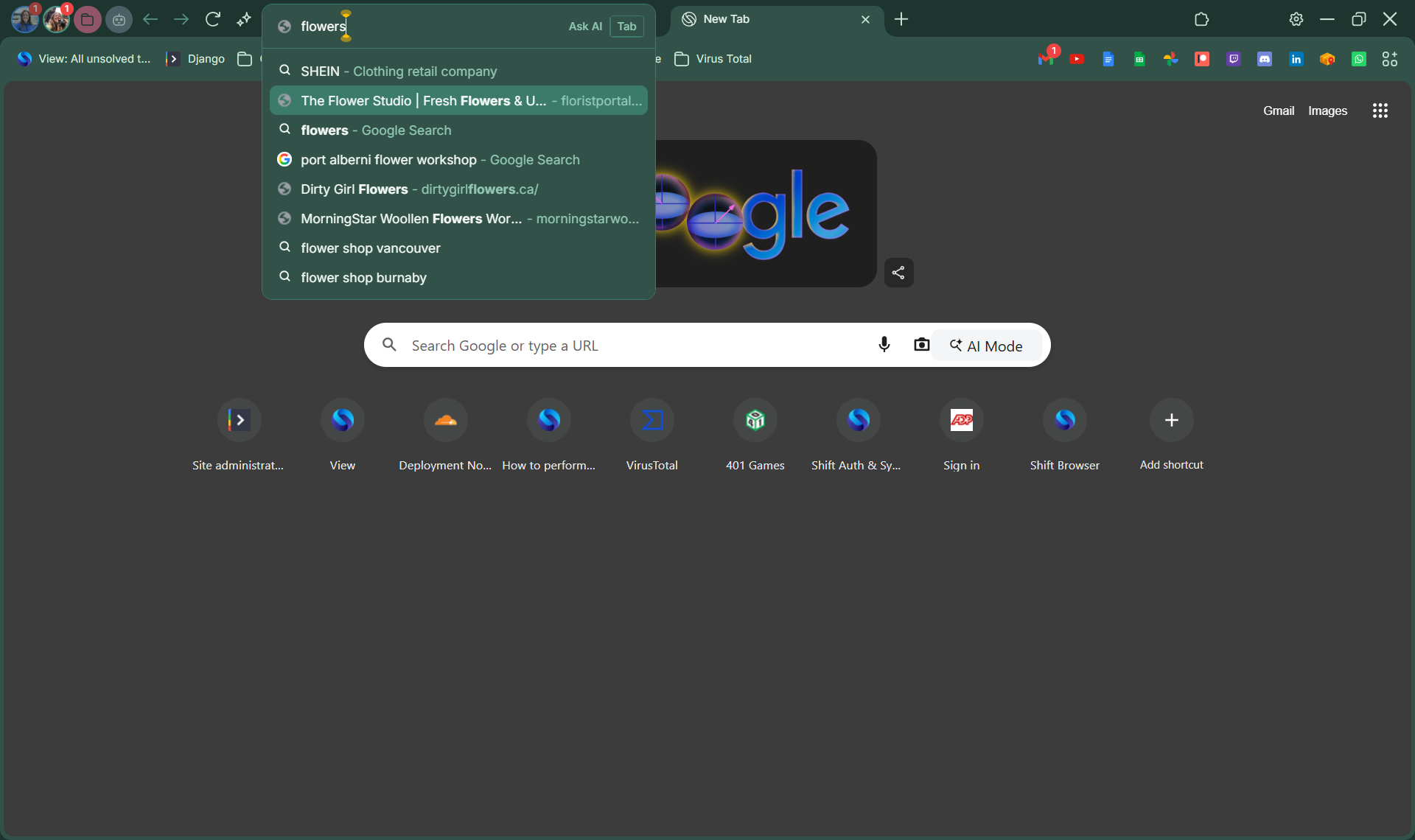 A screenshot of the omnibox showing a mix of search terms and suggestions without a single top result.