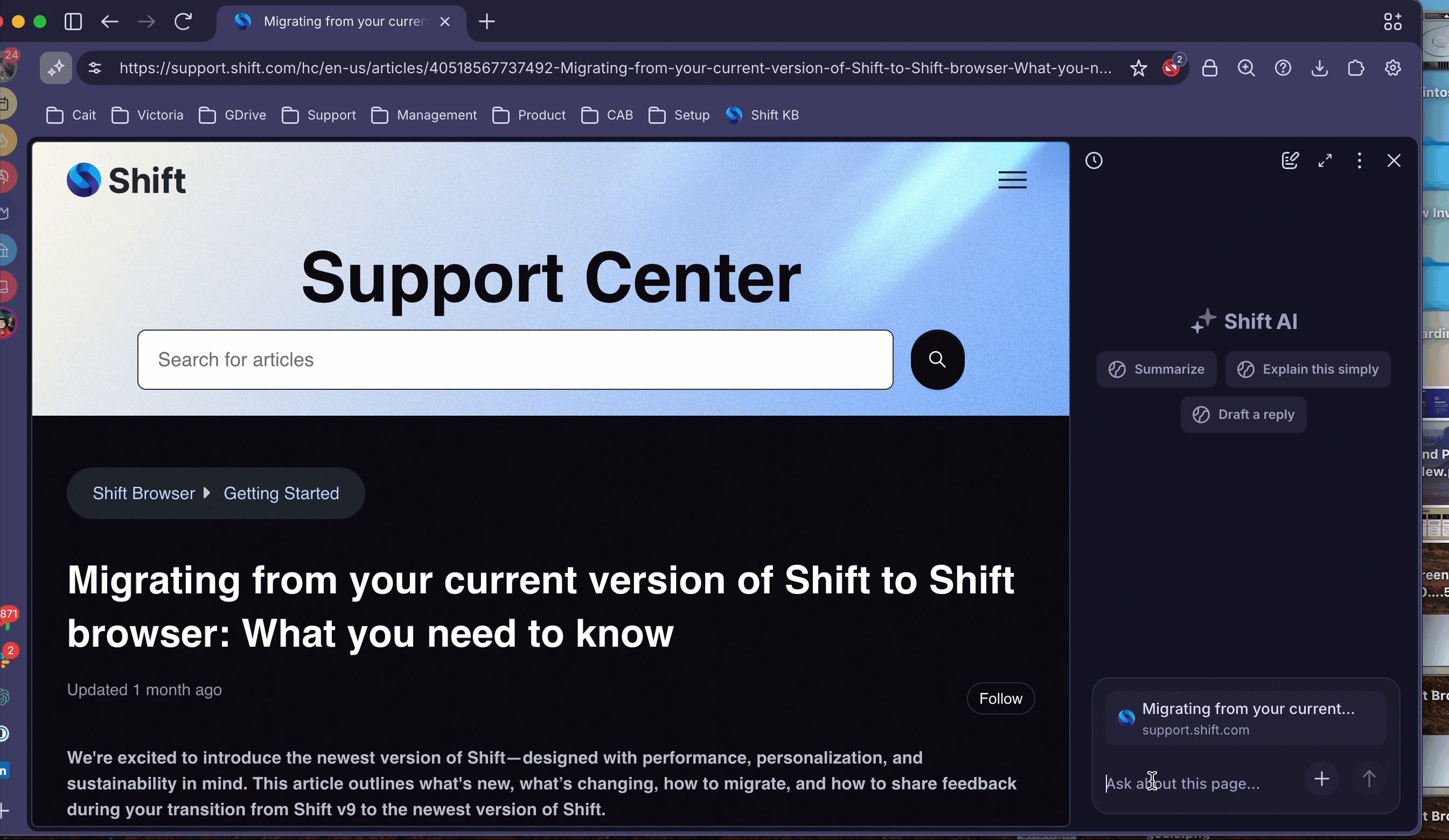 Gif shows a user with a knowledge article in their main web page, typing a message to AI Chat asking a question related to the article. AI Chat responds with a summary of information pulled from the article. 