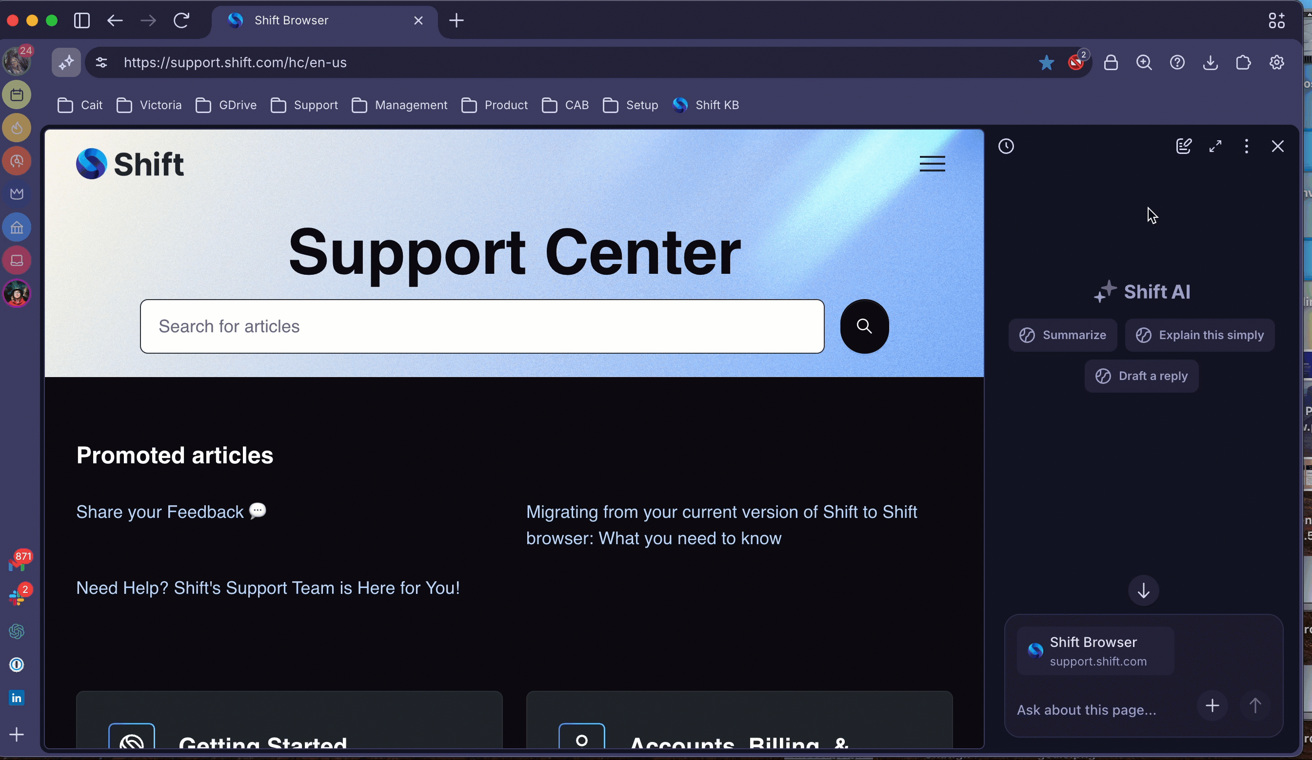 Gif shows the location of 'Starting a new chat', 'Expanding to full screen', 'More options' which includes access to Settings, and 'Close Chat window' menu options in AI Chat