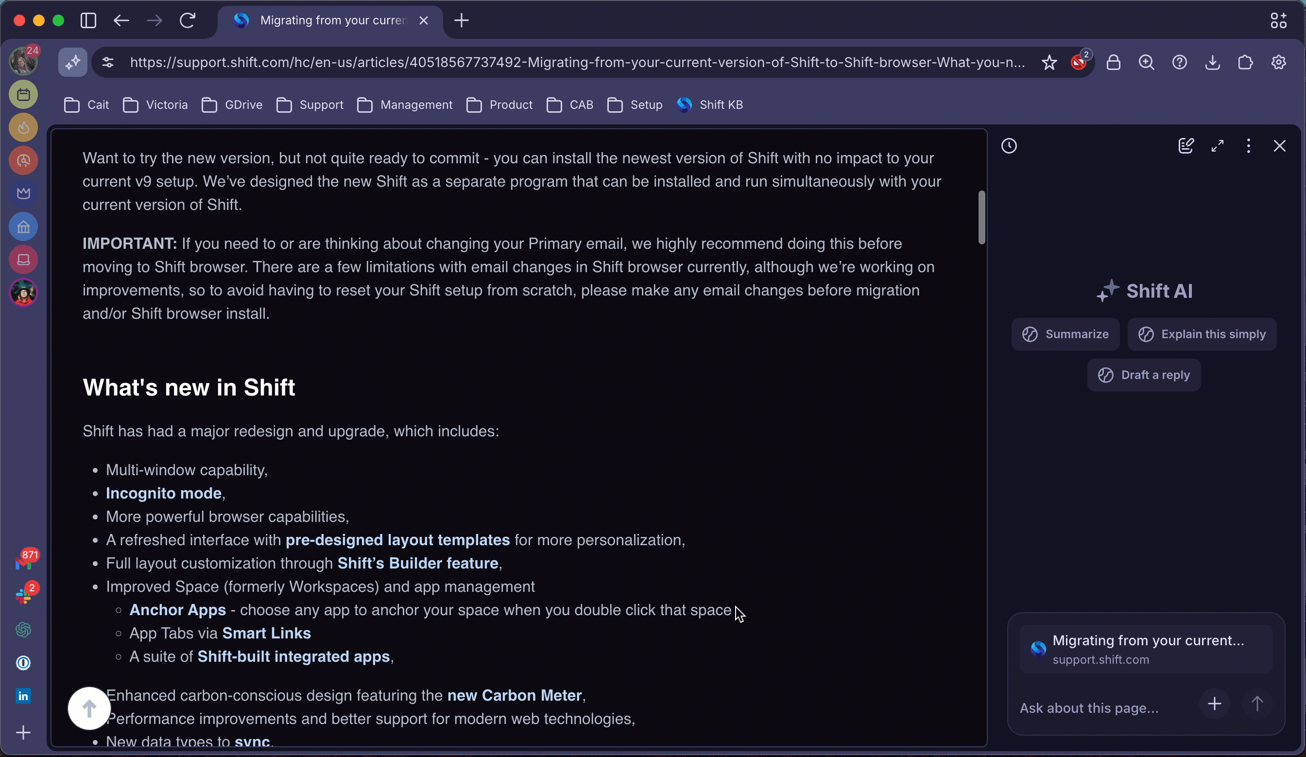 Gif shows someone selecting text in the article open in the web view, which automatically adds a context chip to AI Chat. The user then selects another set of text, but removes this context chip by clicking the 'X'. 