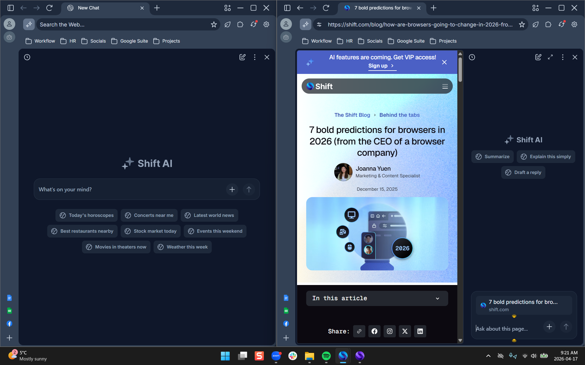 A screenshot of the full-screen view on the left and the side panel view on the left
