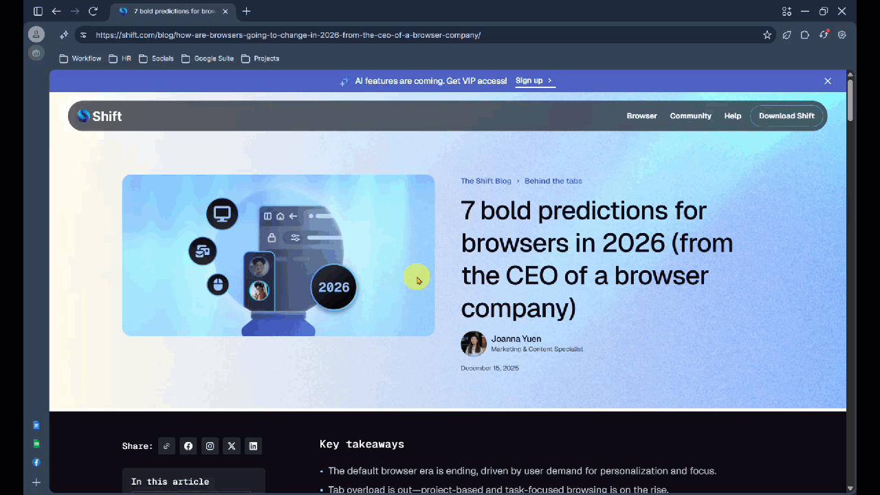 A GIF of the Shift AI input area showing a "Site Context" chip for a current webpage and a "Selected Text" chip indicating highlighted content.
