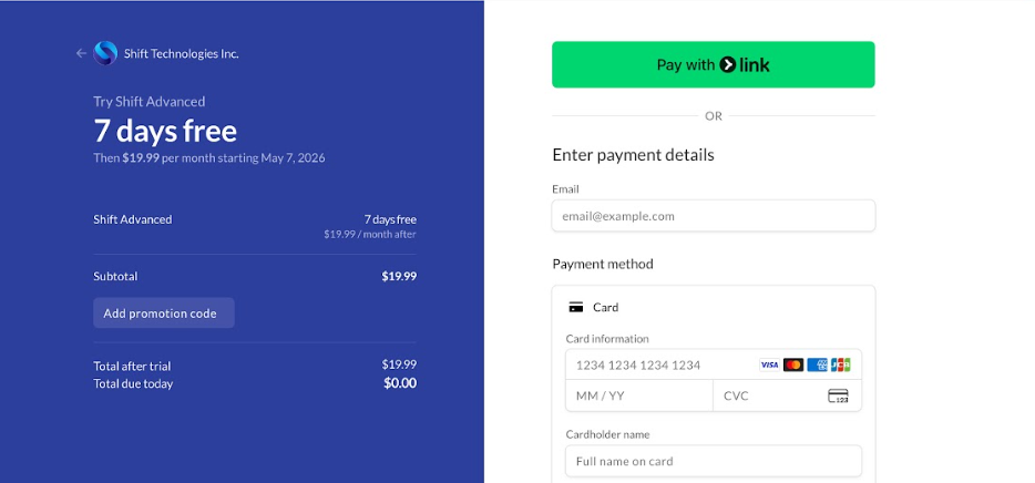 This screenshot shows the 7 days free payment page.