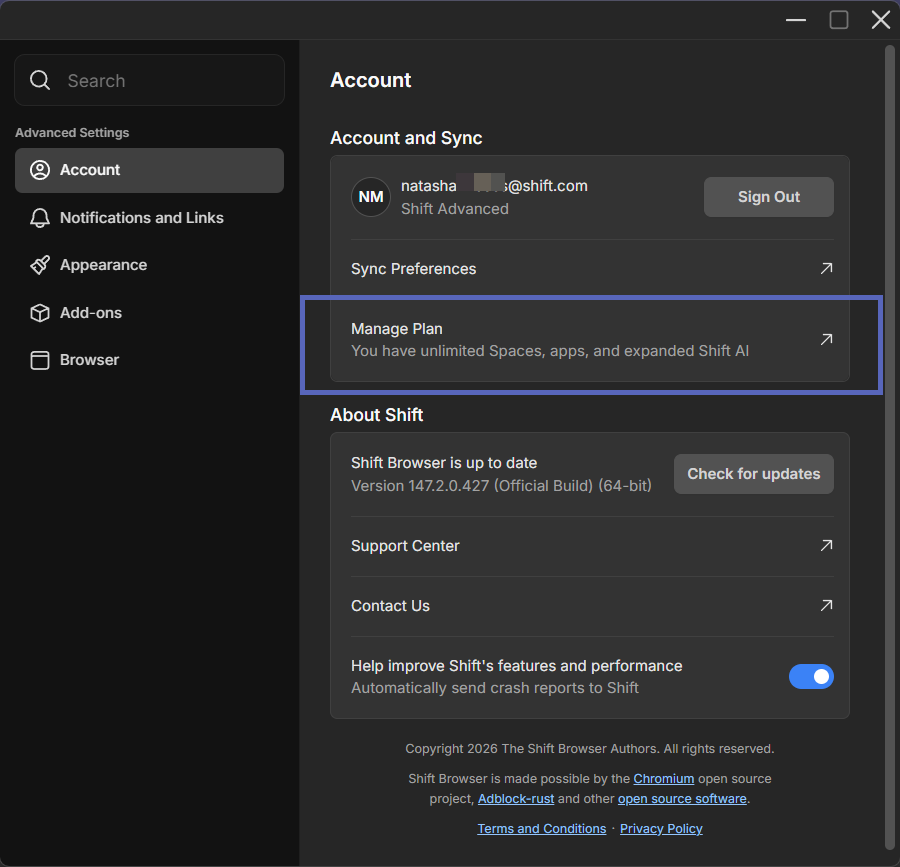 This photo shows the Manage plan option in the Account section of the Advanced Settings